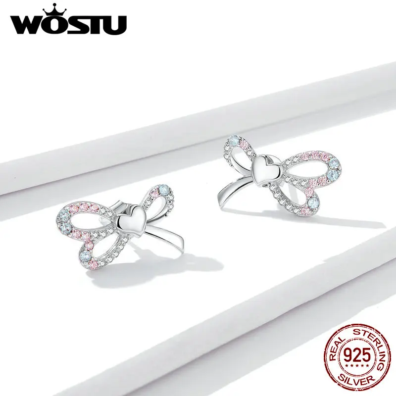 WOSTU Bowknot Lovely Stud Earrings 100% 925 Sterling Silver Pink Zirconia Small For Women Birthday Party Jewelry CTE364 | Украшения и