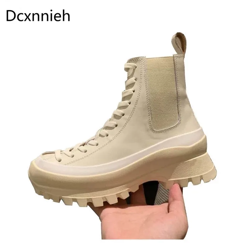 

Женские ботинки челси из натуральной кожи, ботильоны на платформе, на толстой подошве, с круглым носком, на шнуровке, брендовые кроссовки