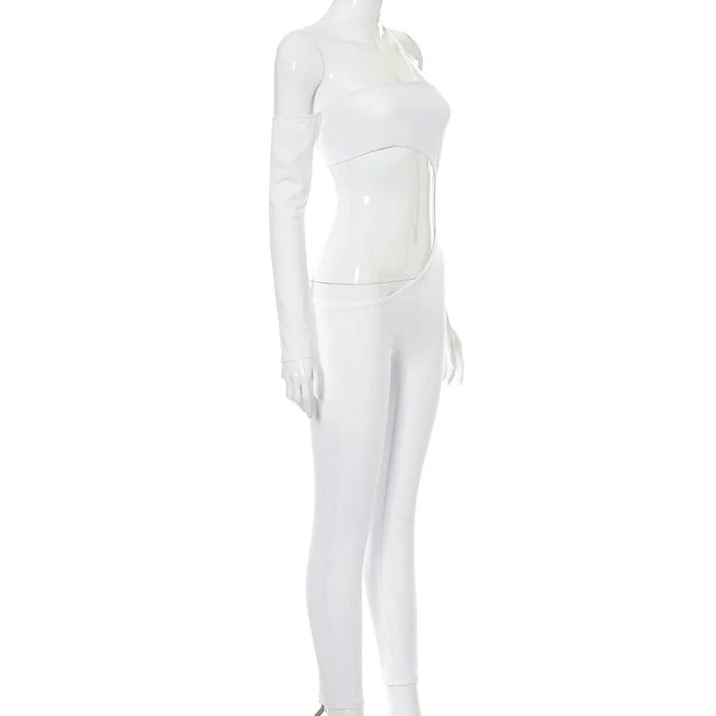

CIGGANTFUL Women's White Irregular One Shoulder Strapless Sexy Skinny Trousers Jumpsuit Bodycon One Piece Clubwear Outfit