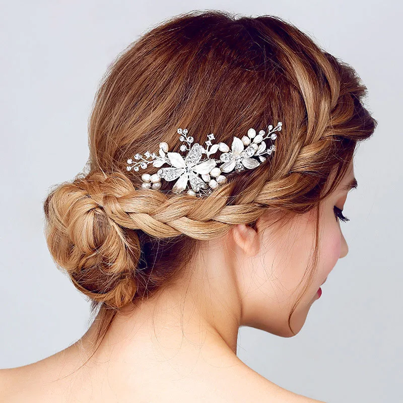 SLBRIDAL Handmade Rhinestones Crystal Freshwater Pearls Flower Wedding Hair Comb Clip Bridal Accessories Women Jewelry | Украшения и