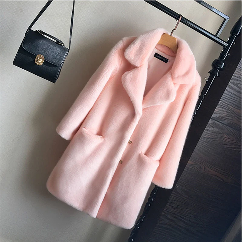 Women Mink Faux Fur Coat Solid Female Turn Down Collar Winter Warm Fake Fur Lady Coat Casual Jacket Turn Down Collar Casaco