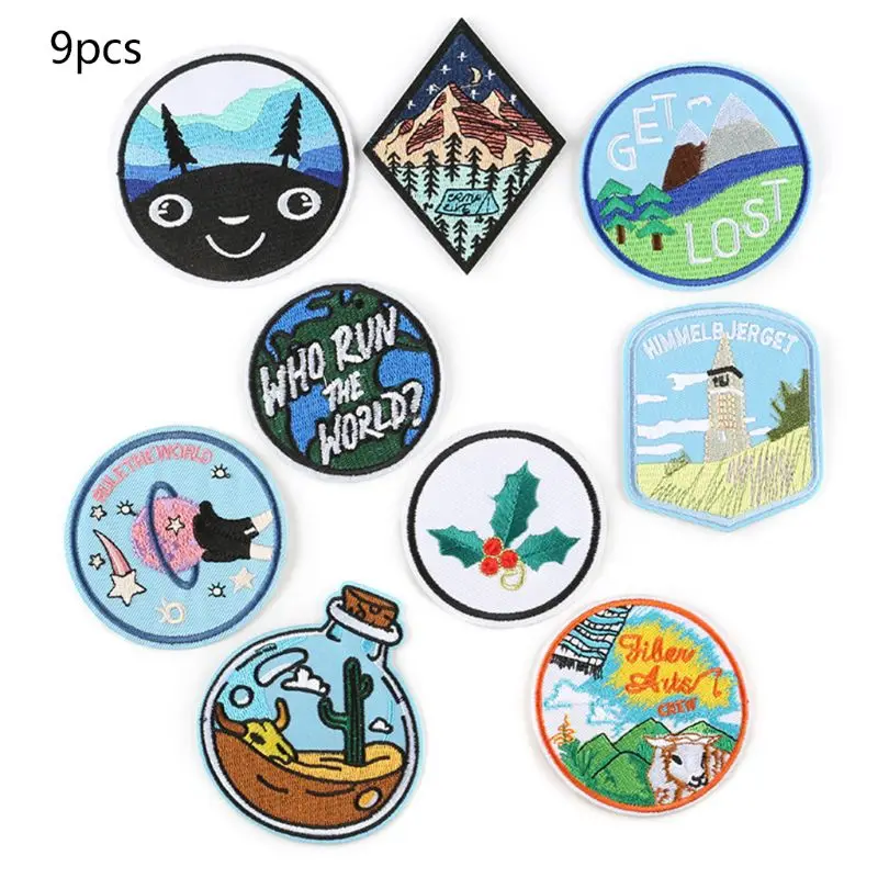 

9Pcs Assorted Geometric Badge Patch Mountain Planet Embroidered Iron On/Sewing Applique for Clothes DIY Decoration