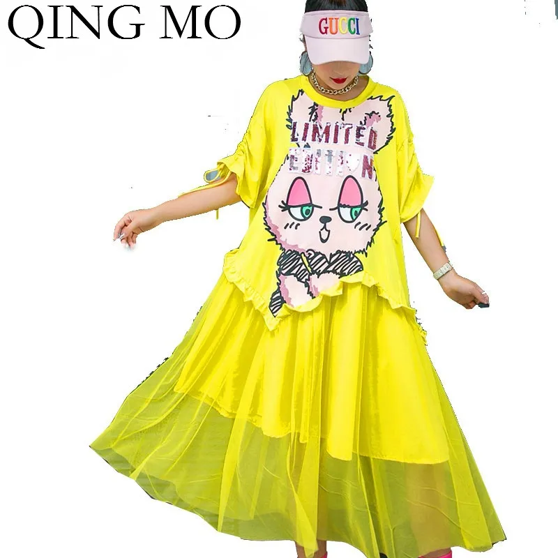 Женское платье с завязками на рукавах QING MO черное белое желтое мультяшным