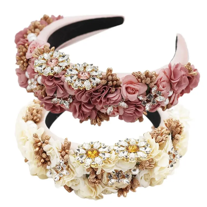 

Baroque Full Jewelry Headband Women Sweet Colored Flower Rhinestone Beaded Hair Hoop Thicken Sponge Padded Bandana