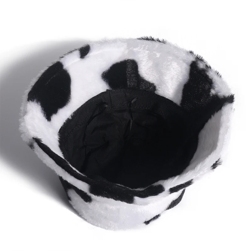 HUOBAO New Fashion Black White Cow Pattern Plush Thickened Warm Bucket Hats For Women Ladies