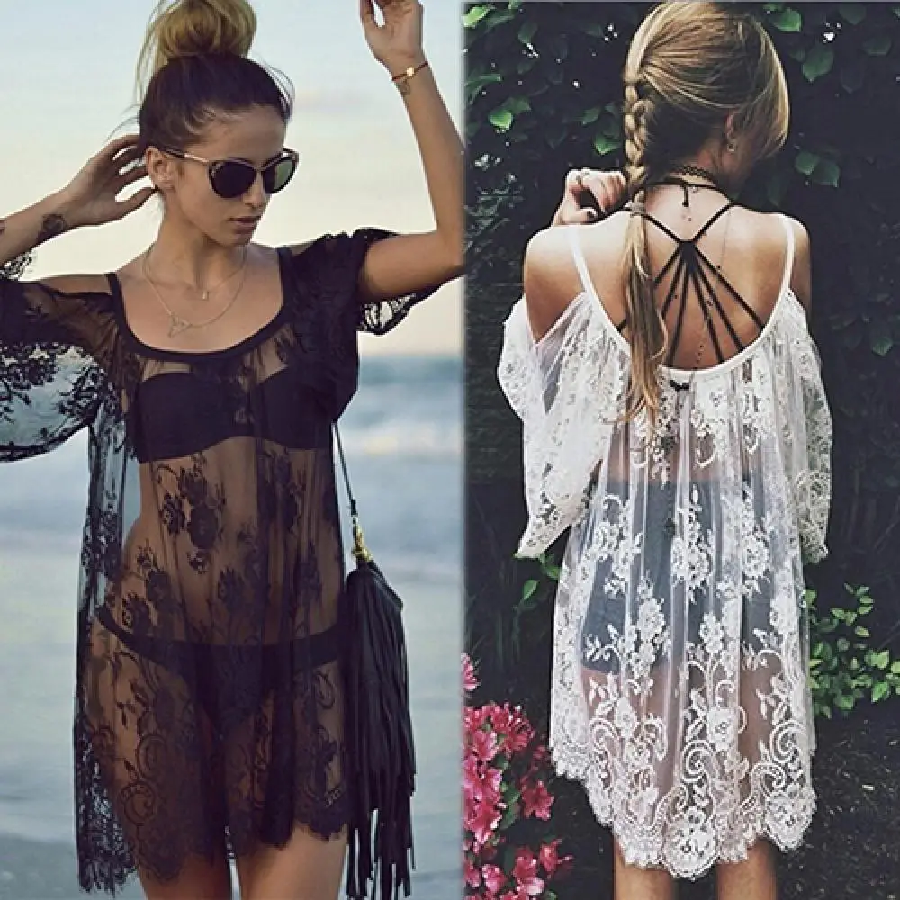 

Women Summer Beach Sexy Boho Off Shoulder Floral Lace Hollow Top Cover Up bikini cover up beach dress