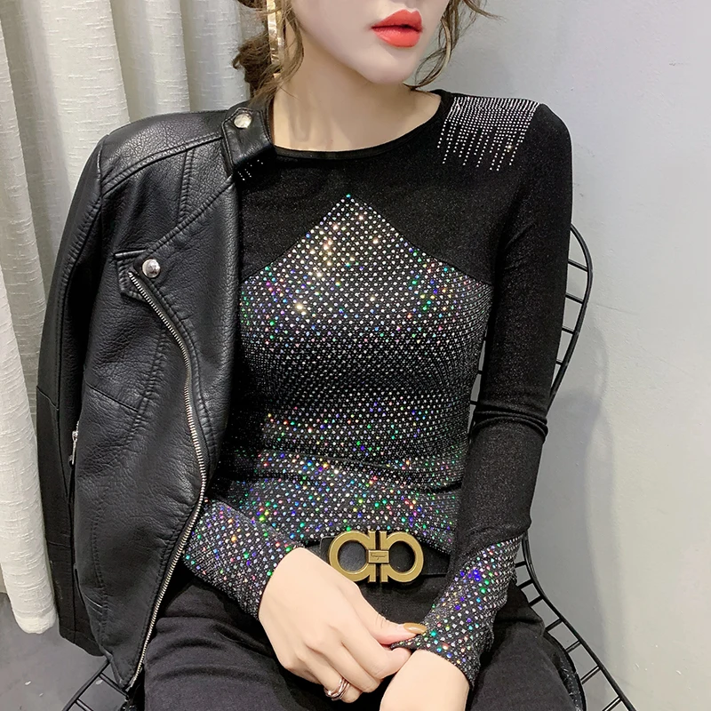 Весна Осень 2020 одежда сексуальная блестящая Лоскутная футболка со стразами
