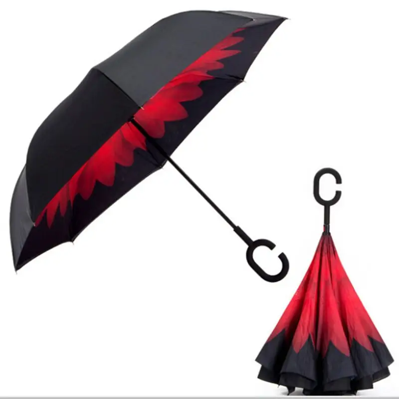

C Shaped Handle Double Layer Umbrella Anti-UV Folding Inverted Upside Down Reverse Windproof Chrysanthemum For Travel