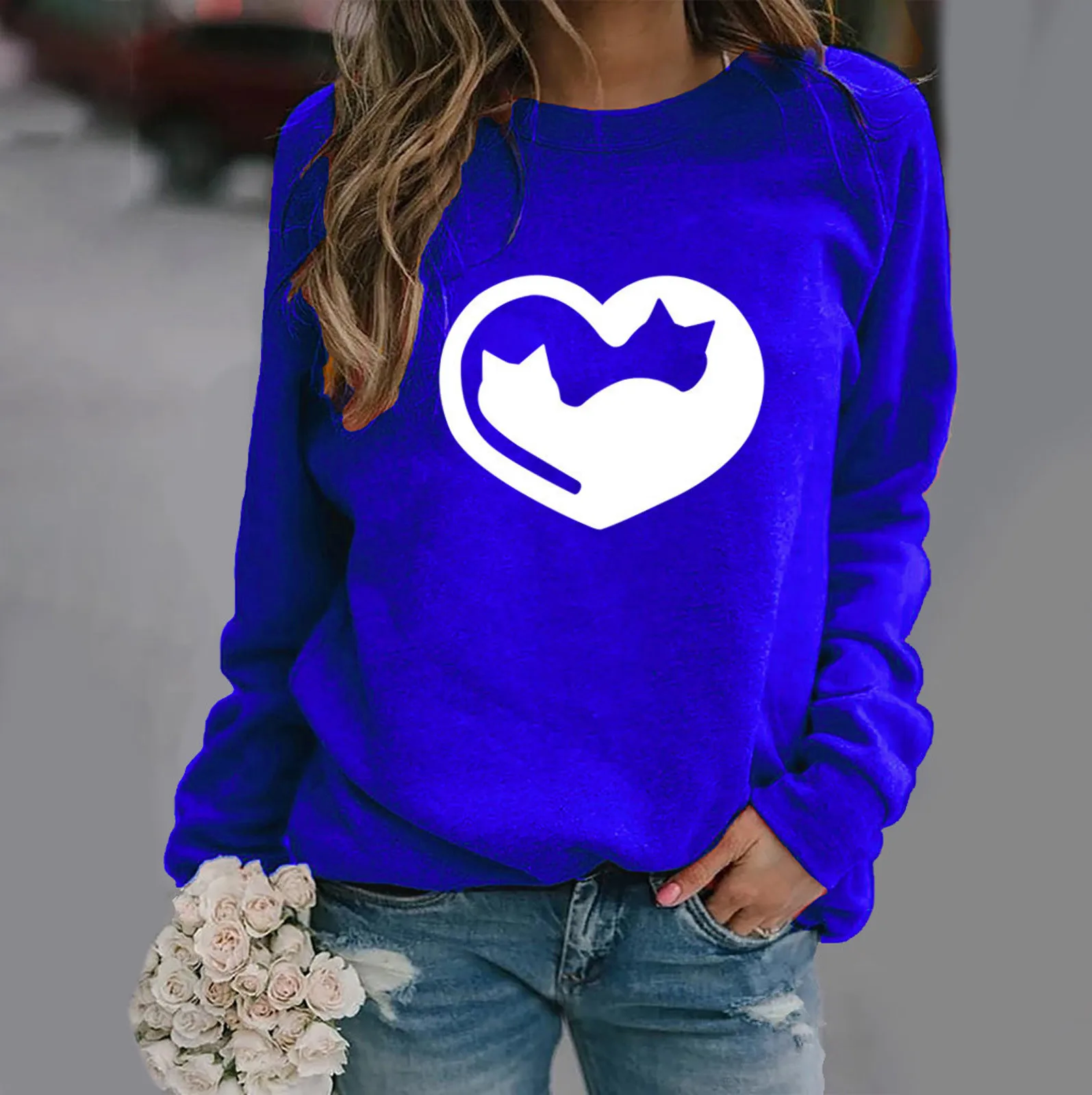 

Spring Sweatshirt Woman Tops Love Cat Pattern Print Long Sleeve Round Neck Sweatshirt Tops Pullover Sweatshirts Ropa Mujer
