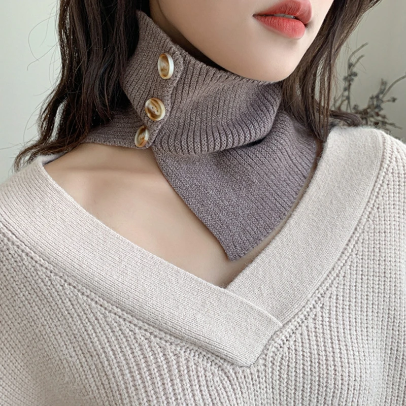 Women Buttons Decorative Turtleneck Fake Collar Solid Color Knitted Warm Circle Scarf Windproof Stretchy Neck Warmer | Аксессуары для