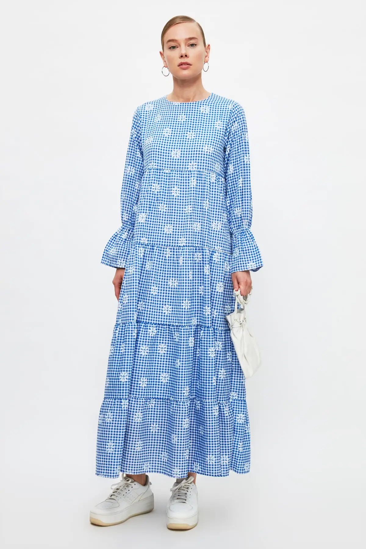 

Flower Detail Dress Blue Poplin Fashion Muslim Women Hijab Dress