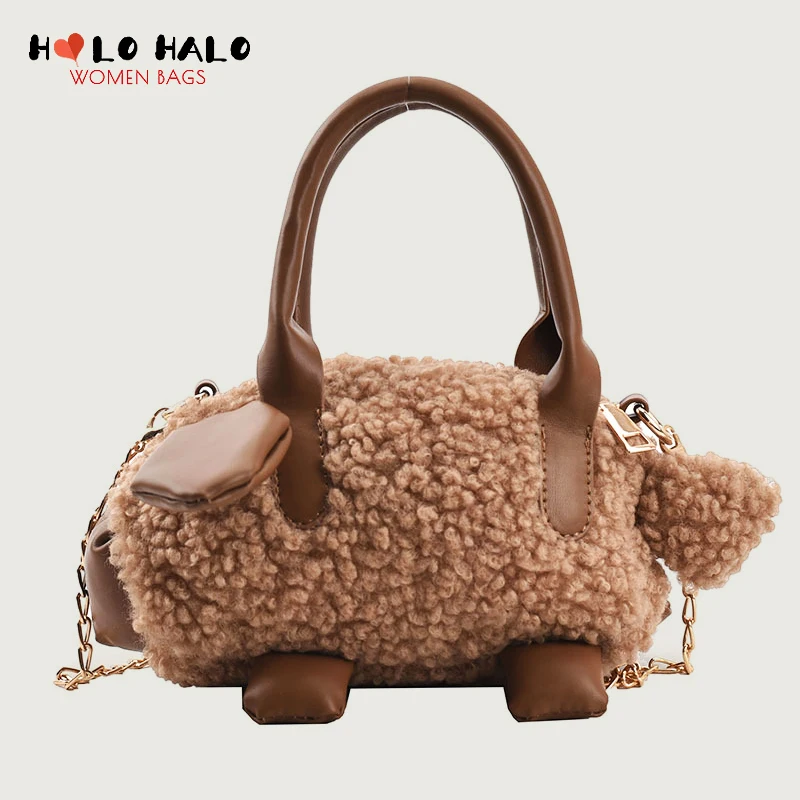 

Fashion Plush Lamb Shape Crossbody Bags Casual Female Purses and Handbags Simple Chain Solid Color Splicing PU Shoulder Bags