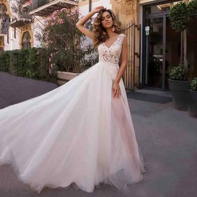

YILIBERE New Simple Wedding Dress Backless Sleeveless Design Chiffon Lace Bride Dresses Princess Dress Plus Size Tailor-made