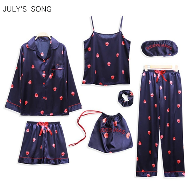 

JULY'S SONG 7 Pieces Sexy Pajamas Sets Faux Silk Stain Sling And Shorts Sweet Strawberry Printed Long Sleeve Sleepwear Homewear