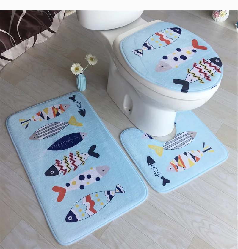 

European-Style Flannel Bathroom Non-Slip Toilet Mat Three-Piece 3D Printed Carpet Mat