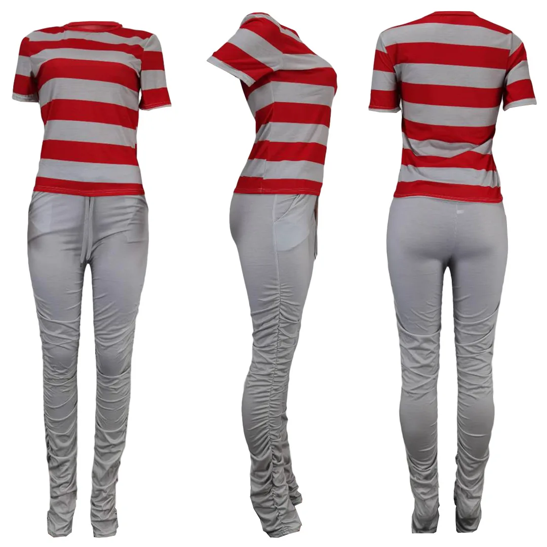 

HAOOHU Sport Women Set Two Piece Set Tracksuit Striped Tee Tops Stacked Jogger Sweatpants Suit Fitness Outfit Matching Set