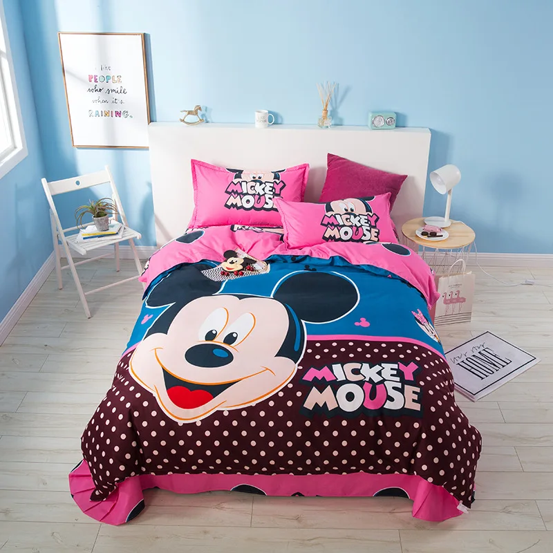 Disney Pink Cartoon Mickey Mouse Bedding Girls and Children Bedroom Decoration 100% Cotton Bedsheet Quilt 3/4 Sets Home Textile