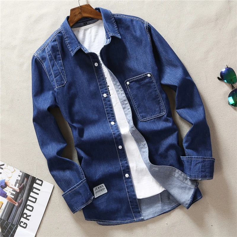 

High-End Fashion Brand Men'S Slim Denim Shirt 2021 Four Seasons New Blue Black Business Casual Long Sleeve Shirt Male Cowboy Top