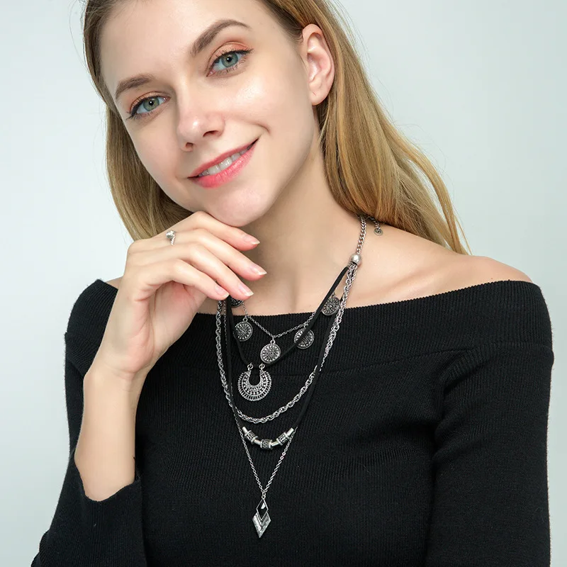 Viennois, аксессуары, геометрическое старинное серебряное многоэтажное кожаное ожерелье с веревкой для женщин, вечерние ювелирные изделия