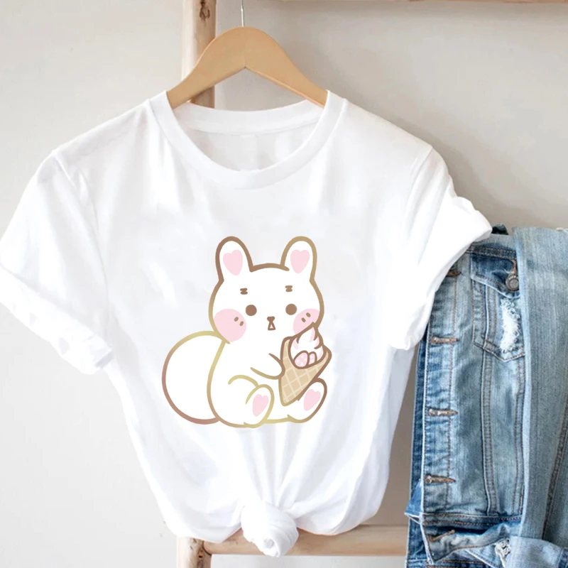 

T-Shirts For Girls Ladies Clothing Short Sleeve Hippie Clothes Cute Little Bunnies Eating Ice Cones Funny Interesting T-Shirts