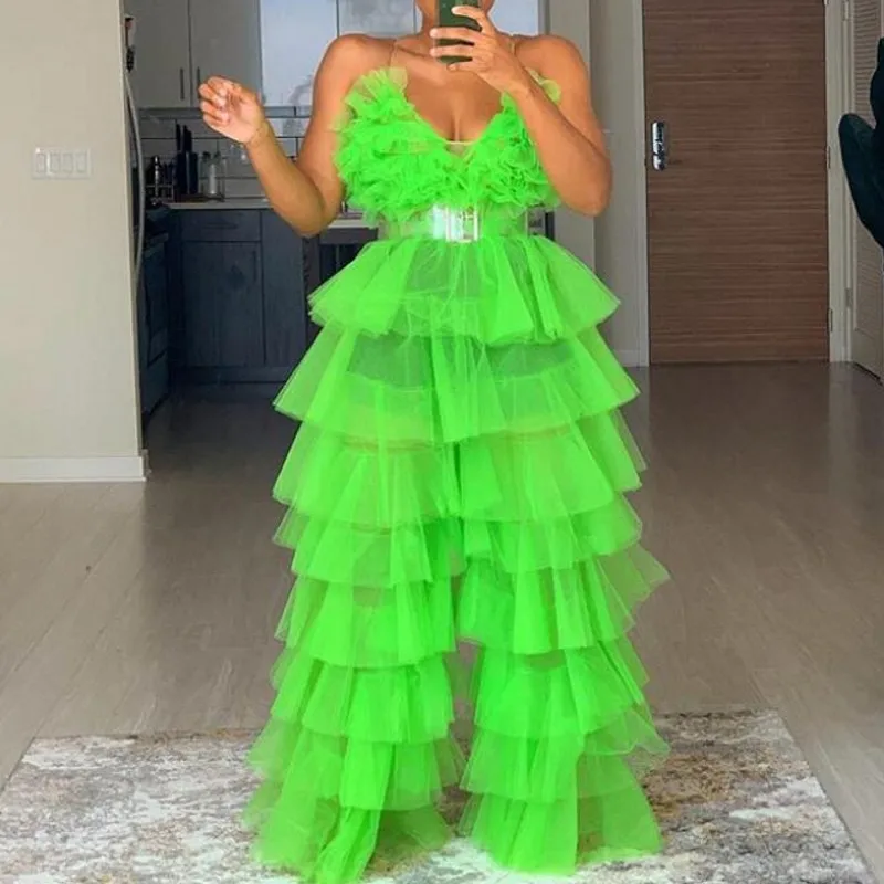 High Street Neon Green Ruffles Tiered Tulle Jumpsuits Ruff Ruffles Tiered Pant Ropa De Mujer Bodysuit Women 2020