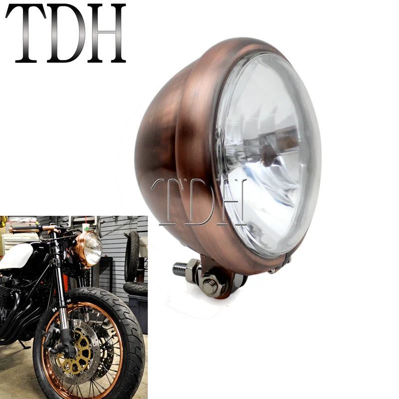 5 3/4 &quotCafe Racer головной светильник H4 12V 60/55W Медь коричневый M10 Нижнее крепление