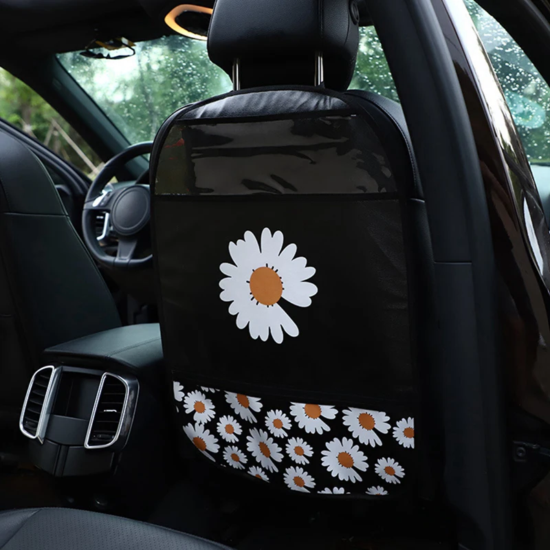 

PU Leather Car Seat Back Cover Daisy Camellia Flower Pattern Kid Rear Seat Anti-kick Pad Case Car Sundries Organizer Storage Bag
