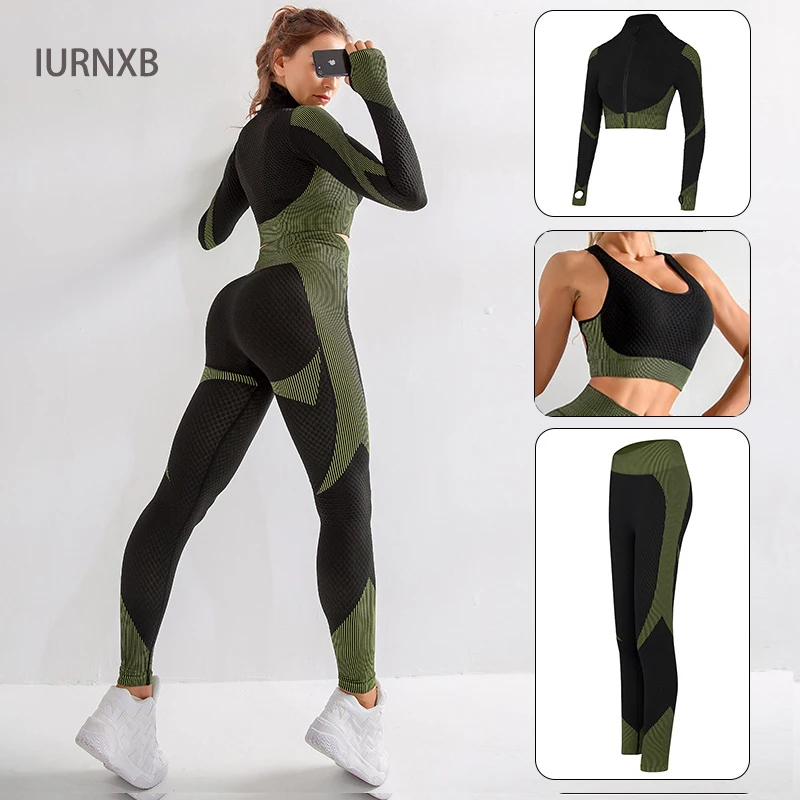 Комплект из 2 предметов для йоги бесшовный спортивный костюм топа на молнии с