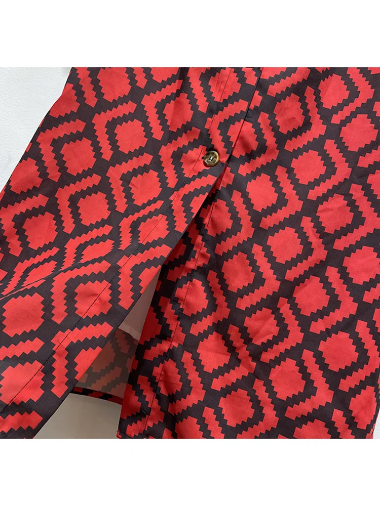 

Printed lapel short shirt two-piece suit women's spring new style + high waist single-breasted A-line skirt suit