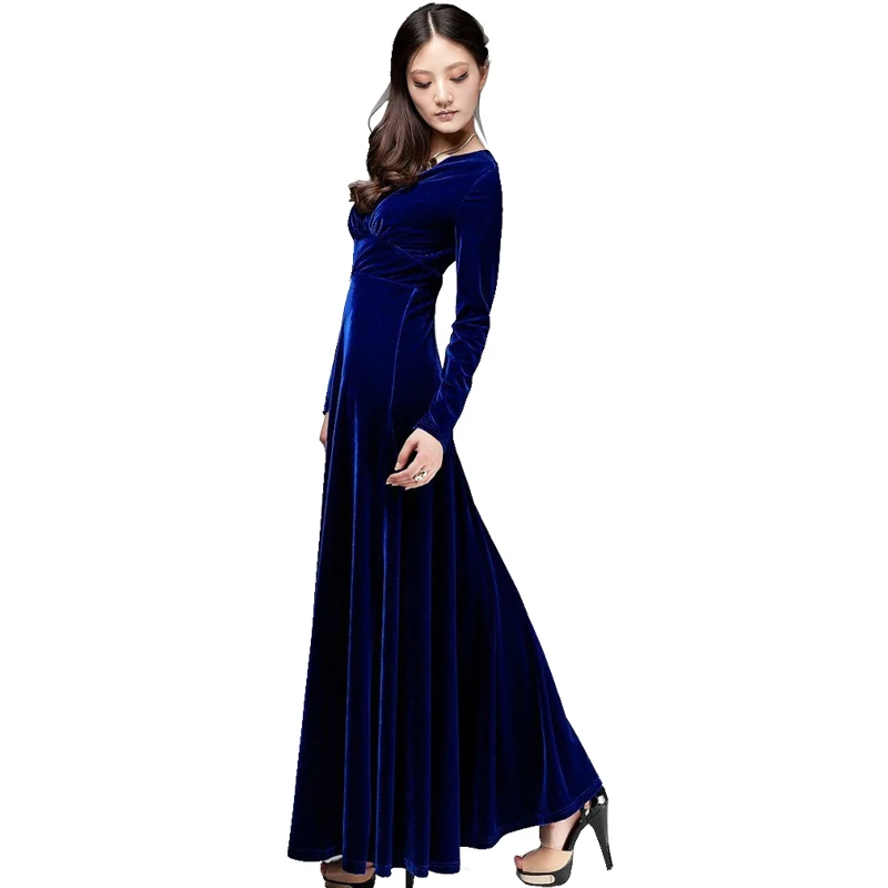 Autumn women's long sleeve dress winter Gold velvet Extra V-neck dresses | Женская одежда