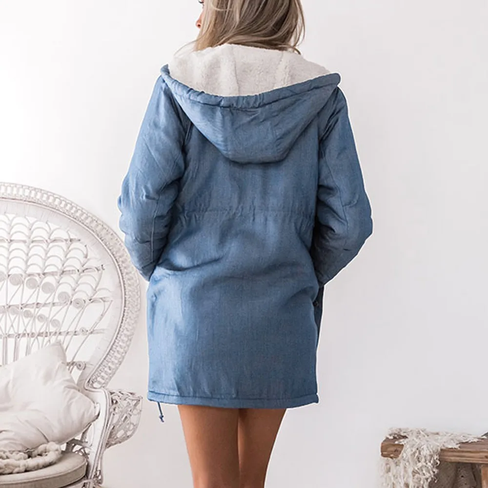 Джинсовая куртка оверсайз женская теплая с капюшоном Повседневная длинным