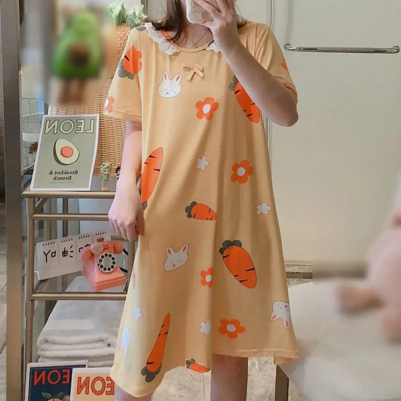 

Summer Women Nightgown Cartoon Print Cute Sleepwear Milk Silk Nightie Night Dress Women Pajamas For Women.