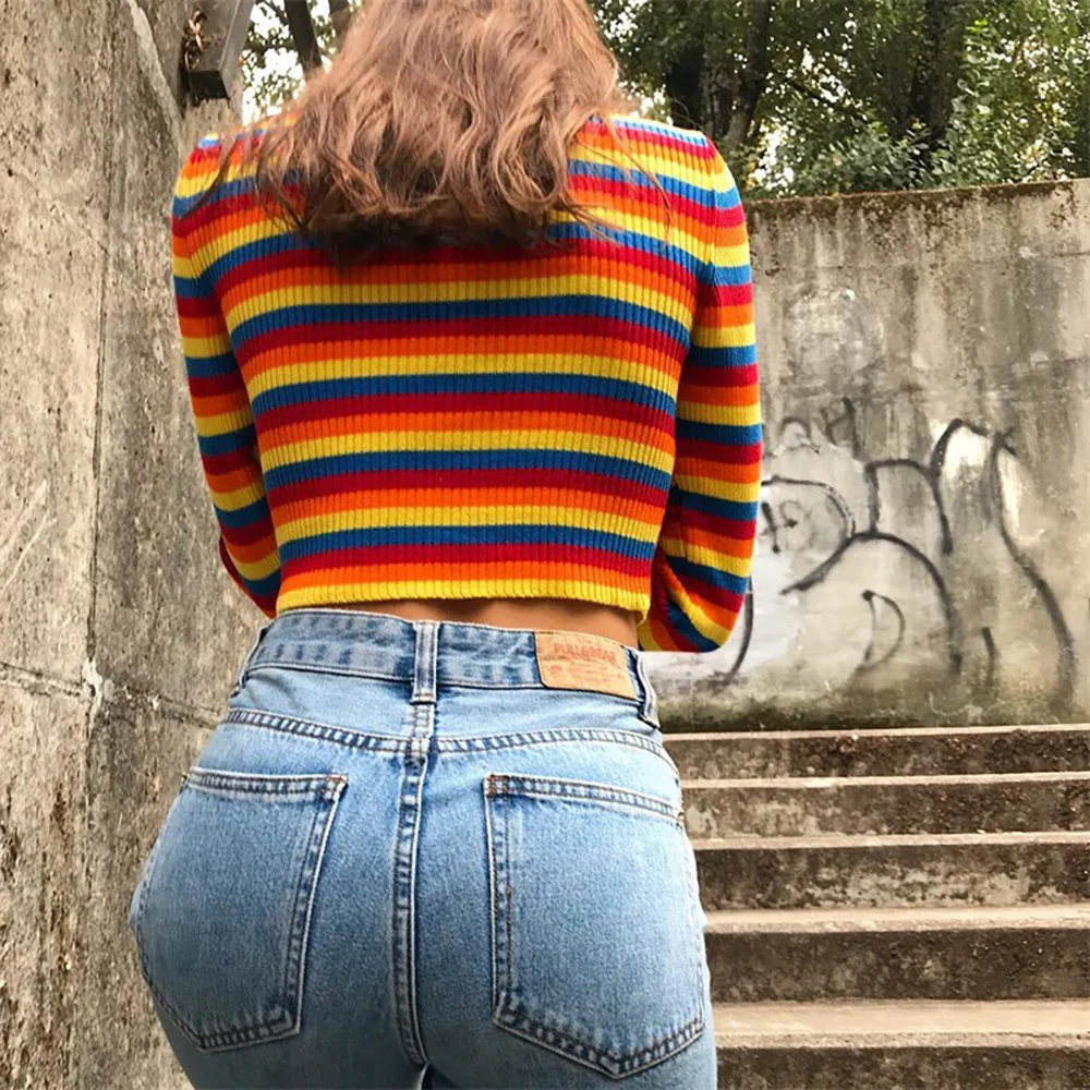 

2020 Cotton Rainbow Striped Jumper Sweaters and Pullovers Knitwear Sexy Women's Turtlenecks Knitted Loose Female Tops Winter