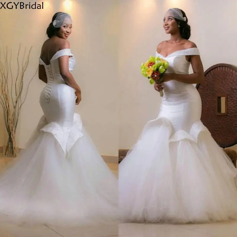 

New Arrival Elegant Off Shoulder Wedding Dress African Mermaid Bride Dresses Simple Satin Tulle Long Bridal Gowns Beads Gorgeous