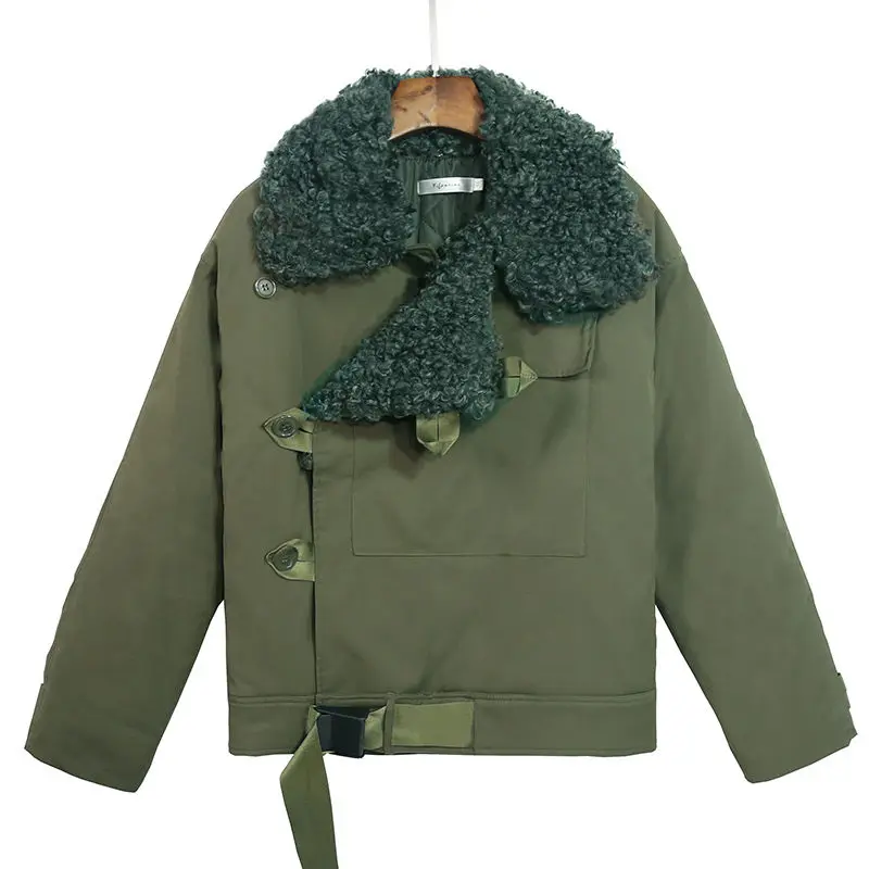 Новинка Зима 2019 меховое пальто армейского зеленого цвета из овечьей шерсти