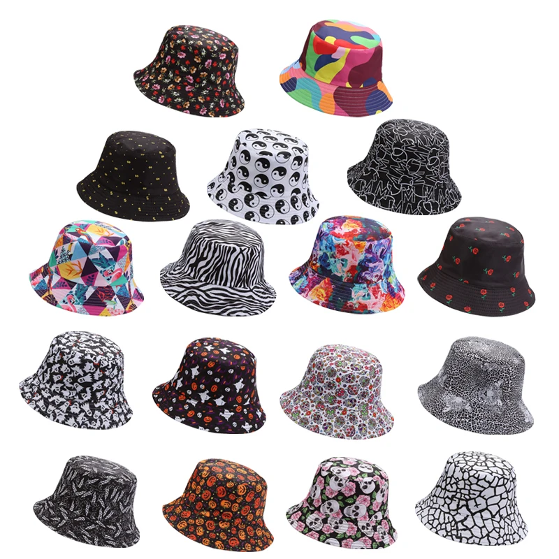 

2021 New Hot Tie Dye Bucket Hats Reversible Double-Side-Wear Hat Avocado Zebra Cow Print Packable Outdoor Sun Hat Fisherman Caps