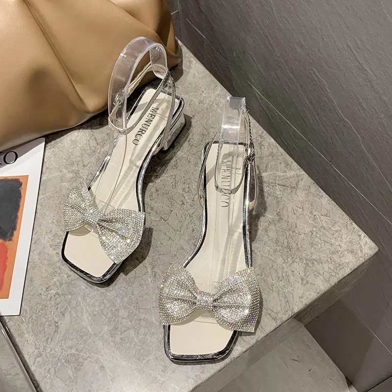 

2021 Sandals Ladies Shoes Summer Block Heels Med Suit Female Beige New Chunky Medium Rhinestone Black Fashion Bow Comfort Gladia