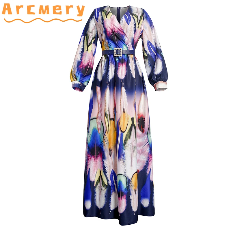 

Women Long Sleeve Printed Belt Maxi Dress