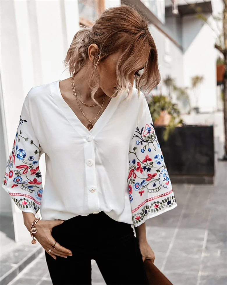 

Women's Blouses Summer Tops New Leisure Blouse White Loose Print V Neck Half Sleeve Shirts Blusas