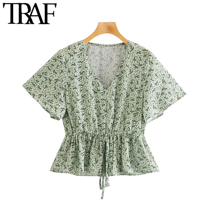 

TRAF Women Fashion Floral Print Ruffled Blouses Vintage Short Sleeve Drawstring Tied Female Shirts Blusas Chic Tops