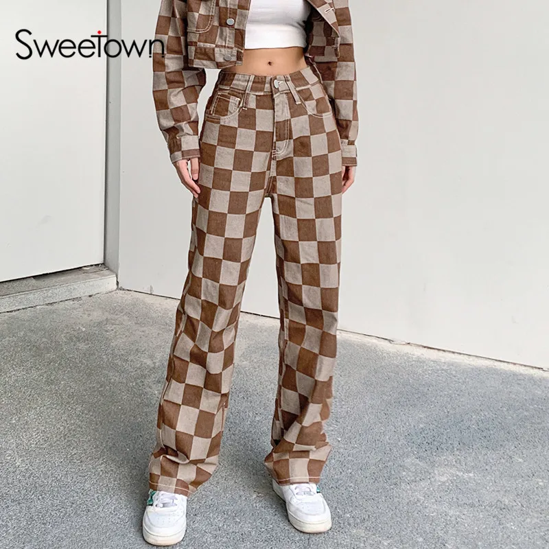 

Sweetown Brown Checkerboard Vintage Y2K Jeans Woman Low Waist Grunge Denim Trousers Korean Fashion Casual Streetwear Outfits