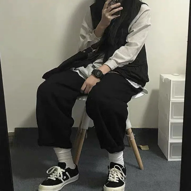 

Casual Pants Women Summer Ankle-length Chic BF Trousers Womens Chic Solid Wide Leg Bottoms Female Fashion Leisure Loose Harajuku