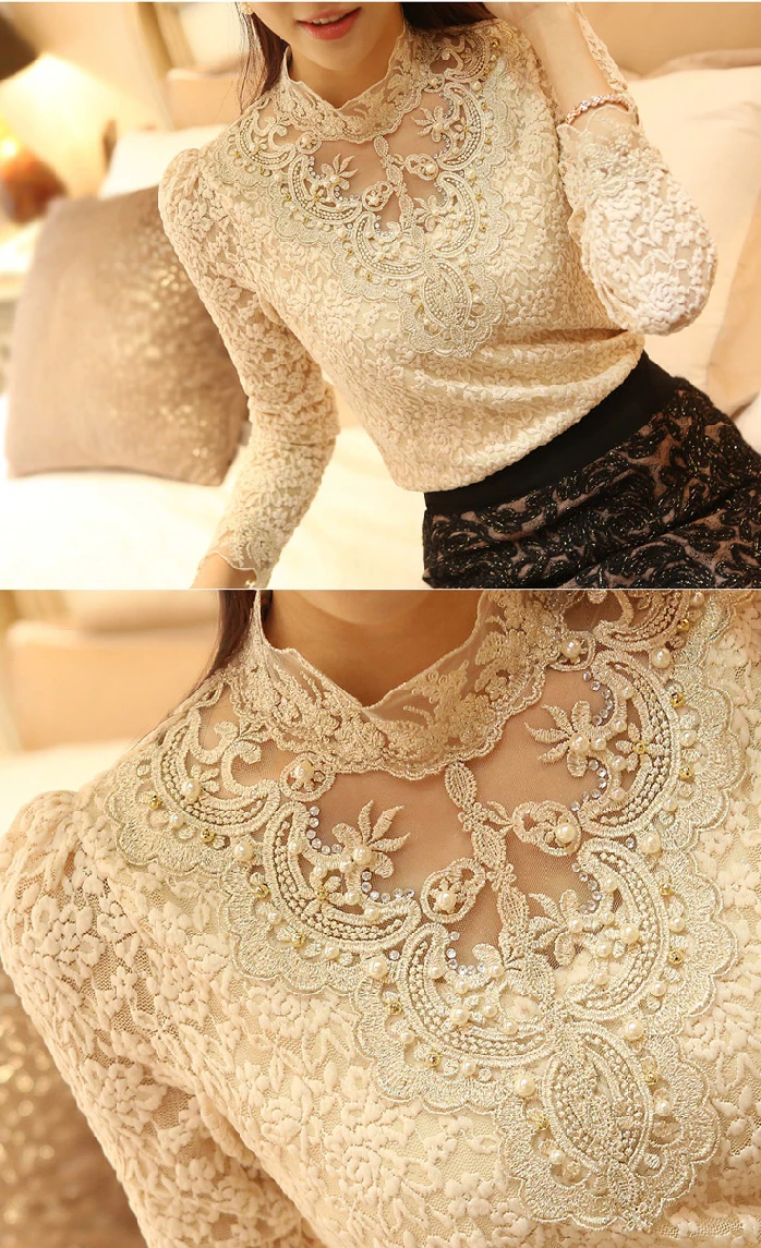 

Fashion Hollow out Women Sexy Embroidery Lace Blouse Shirt Women's clothing Stand Neck Floral Plus Size Feminine Tops Blusa 70A3