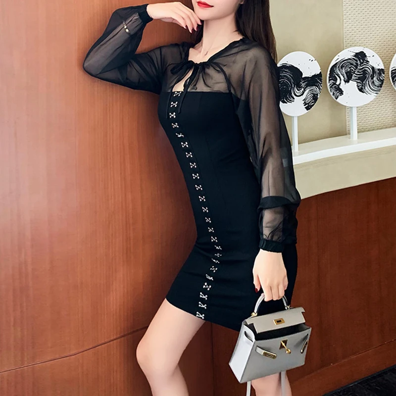 INDRESSME Новинка года Vestidos для женщин Sexy Глубокий V средства ухода за кожей Шеи Длинный кружевной рукав спинки выдалбливают кружево платье Вечерние клубн