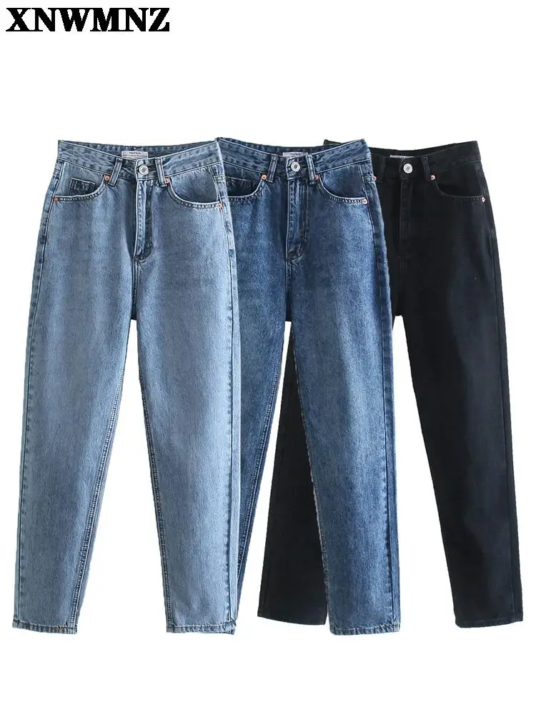 XNWMNZ 2021 new women high waist carrot leg ankle Jeans Woman Fashion pockets zip fly and metal button mom jeans black blue