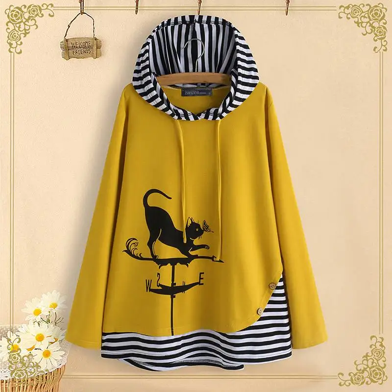 

ZANZEA Striped Patchwork Shirts Sping Cat Cartoon Print Tunic Tops Women Hooded Long Sleeve Party Blouse Female Blusas