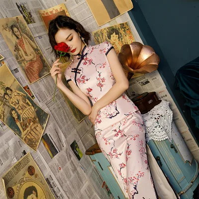 5510-pink qipao 13 цветов плюс размер 4XL китайские платья Чонсам современное длинное женское шелковое платье Ципао в китайском стиле элегантное традиционное платье - Цвет: 5510-pink qipao