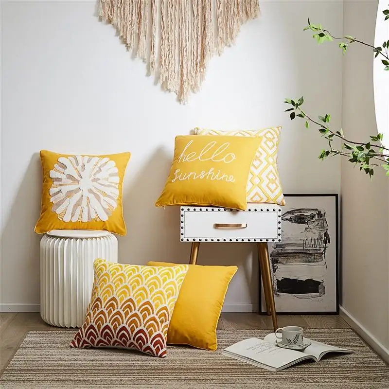 

Yellow All Series Pillow Cover Brushed Pure Cotton Canvas Towel Embroidery Pillow Cover For Sofa Bed Car Home Decor 45x45cm