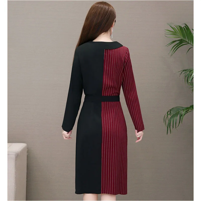 

Spring Autumn Oversize Women's Dresses New Fashion Striped Stitching Long Sleeve Dress Elegant Lady Office Dress Vestidos L-5XL