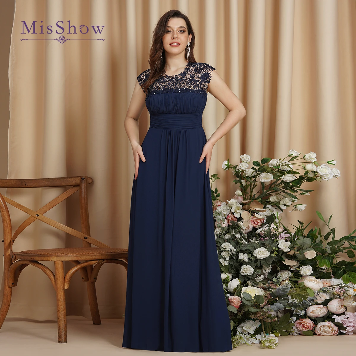 

Navy Blue Evening Dresses Long 2021 Pleat Bust Cut-out Neck Backless Floor Length With Belt Prom Gown